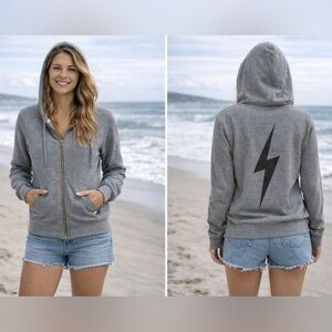 Aviator Nation Unisex BOLT FULL ZIP HOODIE/SWEATSHIRT - HEATHER GREY 🩶⚡️